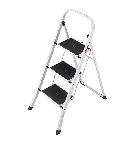 Hailo HobbyStep Stahl-Klapptritt-Leiter | 3 breite Stahl-Stufen mit Anti-Rutsch-Matten belastbar bis 150 kg | Trittleiter mit Klappsicherung | geriffelter ganzflächig aufstehender Steckfuß | weiß