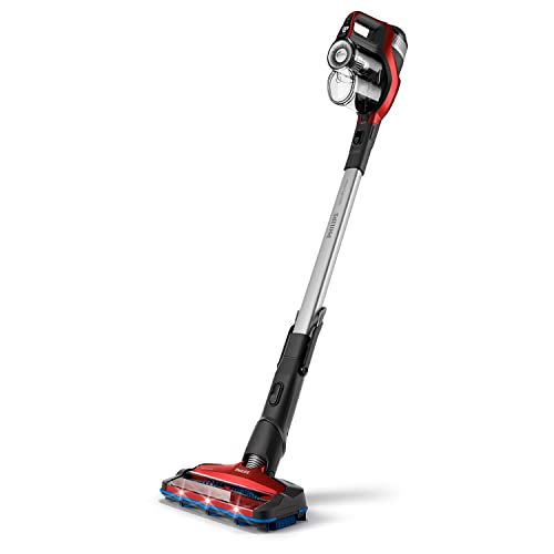 PHILIPS SpeedPro Max Kabelloser Staubsauger – 2in1-Gerät, Staub- und Handstaubsauger, 65 Minuten Laufzeit, 360Grad-Saugdüse (XC7042/01), 25.2Watt, ‎0.6 Liter, 17x39 x82.5cm, ‎Rot