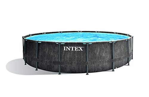 Intex Unisex – Erwachsene Premium Frame Pool Set Prism Greywood Ø 457 x 122 cm, Dunkelgraue Holzoptik