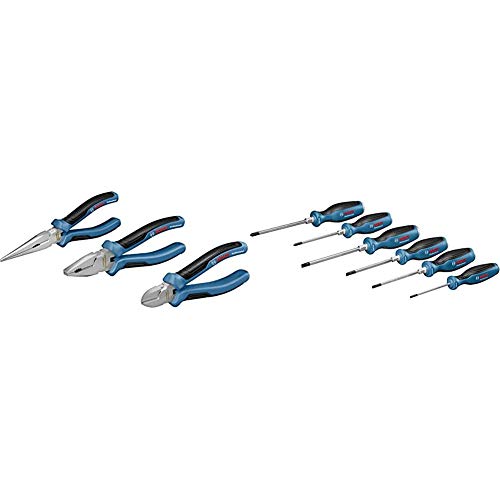 Bosch Professional 3 tlg. Zangen Set (Kombinationszange, Spitzzange und Seitenschneider) + 6 tlg. Schraubendreher Set (Kreuz- und Schlitzschraubenzieher, durchgehende Stahlklinge und Stahlkappe)