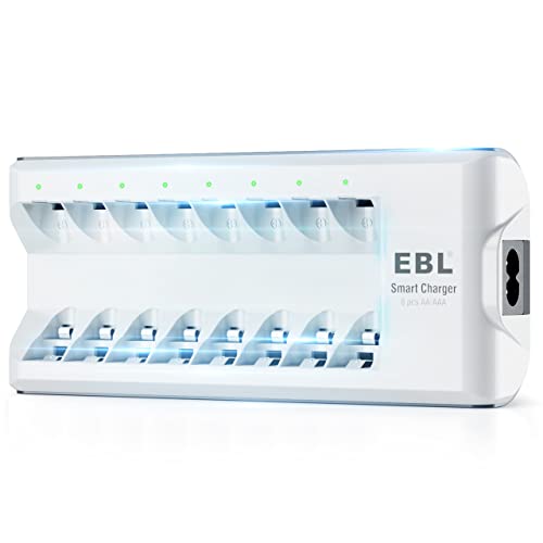 EBL Akku Ladegerät AA AAA Ladegerät für Mignon AA, Micro AAA NI-MH NI-Cd wiederaufladbar Batterien 8-Ladeplatz mit LED Anzeige, C9042W