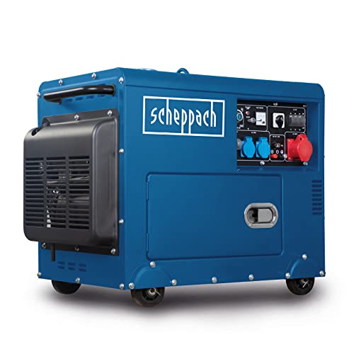 Scheppach Diesel Stromerzeuger | Elektrostart | 7,7PS | 5000W | 2x 230V, 1x 400V Steckdose | 16L Tank | AVR System | Stromgenerator SG5200D inkl. Fahrvorrichtung