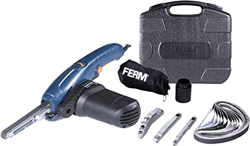FERM Präzisionsbandschleifer 400W - Variable Geschwindigkeit - Inkl. 3 Schleifarmen und 12 Schleifbänder in einem robuster Aufbewahrungskoffe