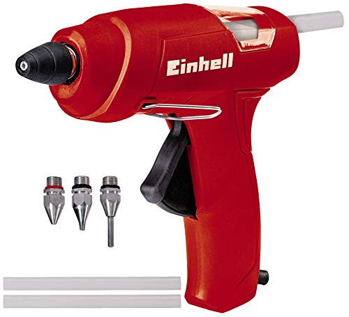 Einhell Heißklebepistole TC-GG 30 (mechanischer Vorschub, Sichtfenster, Aufstellbügel, inkl. Standard-, Flach-, Verlängerungsdüse, 3 Klebestifte)