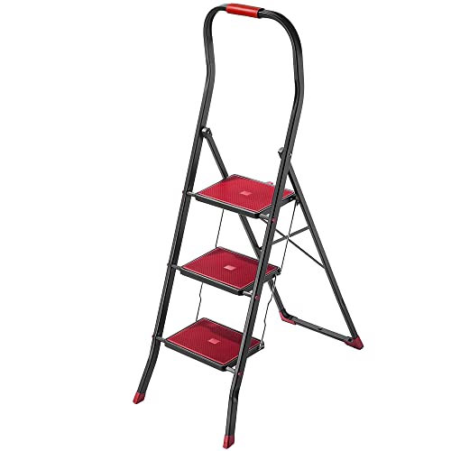 KADAX Klappbare Stahlleiter, schwarz-rote Trittleiter mit Traglast bis 150kg, Leiter mit Klappsicherung, Handlauftritt mit rutschfesten Stufen (3 Stufen)