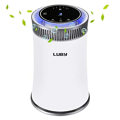 Luby Luftreiniger Air Purifier mit HEPA-Filter, 5 Geschwindigkeiten, 8H-Timer, Nachtlicht, Tragbarer Luftfilter für Staub, Raucher, Pollen, Hautschuppen, Heuschnupfen, Geruch, White