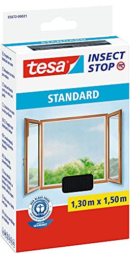 tesa Insect Stop STANDARD Fliegengitter für Fenster - Insektenschutz zuschneidbar - Mückenschutz ohne Bohren - 1 x Fliegen Netz anthrazit - 130 cm x 150 cm || Klettlänge 5,60m