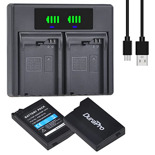 DuraPro 2X 2400mAh Akku + LED Dual USB Ladegerät mit Typ C-Port für Sony PSP-S110 PSP 2000 3000 Konsole (2001, 2002, 2003, 2004, 2005, 2006, 2007, 2008, 2010), PSP 3000, PSP Lite, PSP Slim