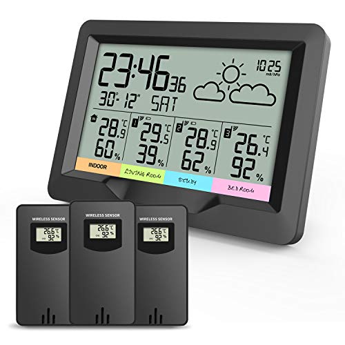 Oule GmbH Funk Wetterstation mit DREI Außensensoren, Thermometer, Hygrometer, Funkwecker, Luftfeuchtigkeit, RCC, DCF, Dual-Wecker, alle Sensoren gegen spritzwassergeschützt…