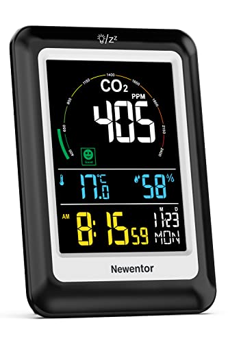 Newentor NDIR CO2 Messgerät, 4 CO2-Konzentrationsstufen mit Alarm und Lüftungsempfehlungen, Batteriebetrieb & USB-Anschluss mit 3 Helligkeitsstufen, geeignet für Kindergarten, Büro, Wohnzimmer