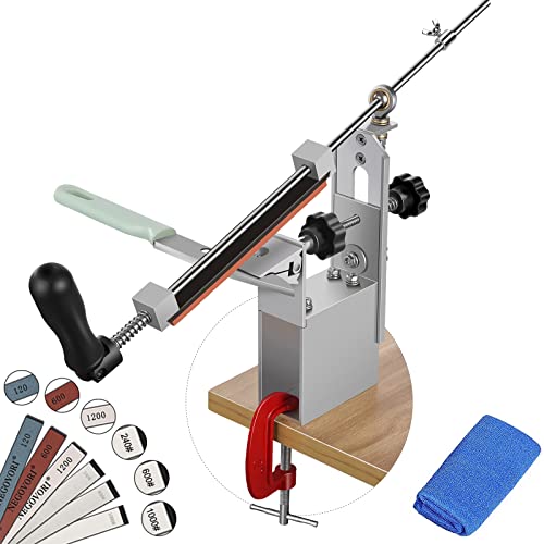 OUHZNUX Messerschärfer Profi, Manuelle Messerschleifer 360° Drehung Flip Design Fester winkel, Aluminium Knife Sharpener System, Mit 6 Schärfsteine + Handtuch
