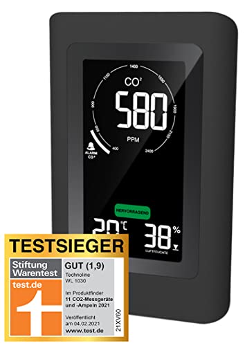 Technoline Co2 Messgerät WL1030, CO2-Anzeige, mit grafischen, farbiger Lüftungsempfehlungen (grün, gelb, rot), NDIR Sensor, schwarz