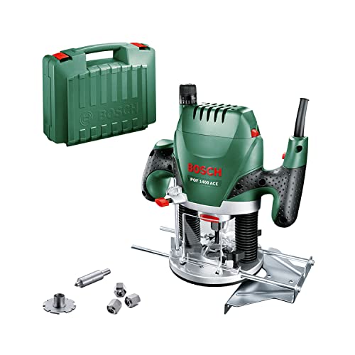 Bosch Oberfräse POF 1400 ACE (1400 W; für Holzbearbeitung; 3x Spannzange; Fräser; Parallelanschlag; Absaugadapter; im Koffer)