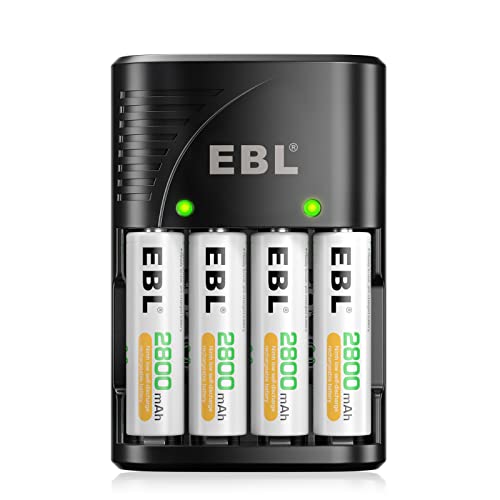 EBL Akku Ladegerät, Plug Charger inkl. 4X AA Akku 2800mAh, Batterieladegerät für wiederaufladbare Batterien, NI-MH AA AAA 9V Akkus aufladbar, EBL C802 Akkuladegerät mit Akku Set
