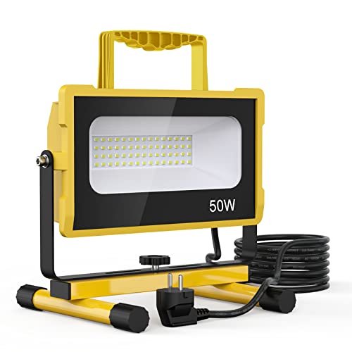 Meloght LED Baustrahler 50W, Dimmbar 5000LM LED Arbeitsleuchte mit Stecker und Schalter, IP65 Wasserdicht Baulampe, 6000K Tageslichtweiß Baustellenstrahler, Flutlicht für Werkstatt, Baustelle, Garage