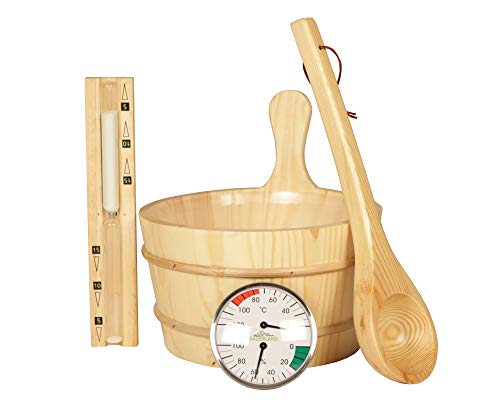 SunnyDeals klassisches Saunazubehörset | Saunaset 5-teilig aus naturbelassenem Holz | Saunaeimer & Kunststoffeinsatz 4l | Saunakelle | Temperaturmessgerät | Sanduhr