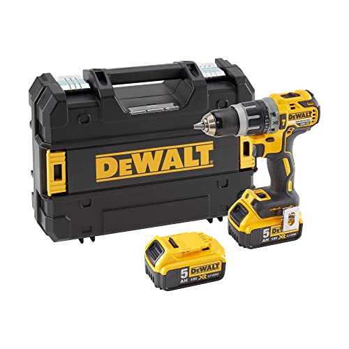 DeWalt Akku-Schlagbohrschrauber (18 V, 5 Ah, mit LED-Arbeitslicht, bürstenlose Motor-Technologie, zwei-Gang-Vollmetallgetriebe, inkl. 2x Akkus, System-Schnellladegerät und Tstak-Box), DCD796P2
