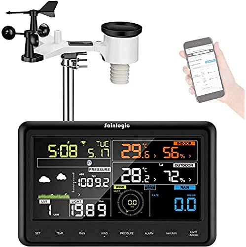 Sainlogic Professional Wireless Wetterstation mit Solarbetriebenem Außensensor, Regenmesser, Wettervorhersage, Windmesser, Farbbildschirm,Wunderground
