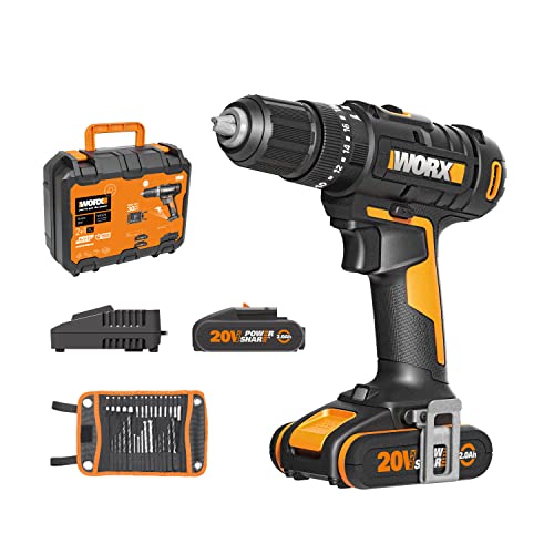 WORX 18V (20V MAX) Akku-Schlagbohrschrauber-Kit WX370, PowerShare, max. 50 N.m, (inkl. 2x2,0Ah Akkus und 30 Stk. Bohrer), 2-Gang-Getriebe, 13 mm Schnellspannbohrfutter