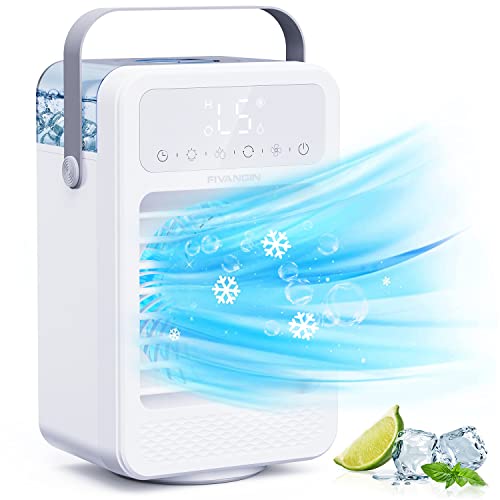 FIVANGIN Mobiles Klimagerät, 5-IN-1 Mini Luftkühler Tragbare Klimaanlage Verdunstungskühler mit Wasserkühlung USB Ventilator mit 5 Geschwindigkeiten, 3 Windmodi, LCD-Display, Ideal für Zuhause/Büro