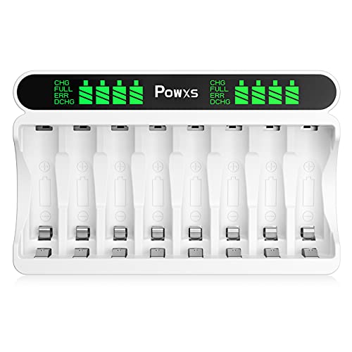 POWXS Batterieladegerät für NiMH AA AAA Akkus, 8-fach Akku Ladegerät AA AAA LCD-Schnellladegerät mit USB und Type-C Eingang