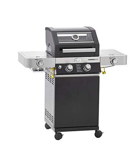 RÖSLE Gasgrill BBQ-Station VIDERO G2-S Schwarz, Grill mit 2 Edelstahlbrennern, extra Primezone und Seitenbrenner, klappbare Seitentische, VARIO+, pulverbeschichteter Stahl