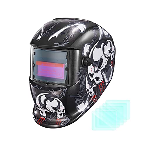 Automatisch verdunkelnd Solar Schweißmaske Schweißhelm, 9-13 DIN Einstellbar, Verzögerte Dimmbar, 5 Stück Ersatzgläser, für MIG, MAG, Schweißen Schneiden (Kettenschädel)