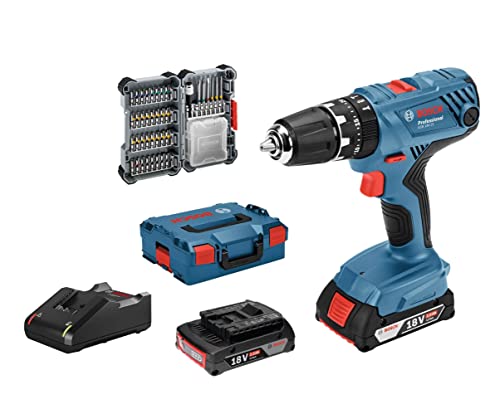 Bosch Professional 18V System Akku Schlagbohrschrauber GSB 18V-21 (inkl. 2x2,0 Ah Akku, 40tlg. Zubehör Set, in L-BOXX) - Amazon Exclusive Set