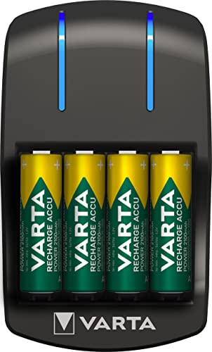 VARTA Akku Ladegerät, inkl. 4X AA 2100mAh, Batterieladegerät für wiederaufladbare Batterien, lädt 2 oder 4 AA/AAA gleichzeitig, Plug Charger