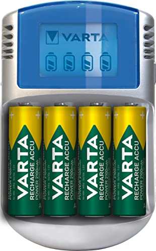 VARTA Akku Ladegerät, inkl. 4X AA 2600mAh, Batterieladegerät für wiederaufladbare AA/AAA, LCD Charger, mit USB Kabel & 12V Adapter