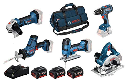 Bosch Professional 18V System Akku Bohrschrauber GSR 18V-28+Stichsäge GST 18V-LI S+Winkelschleifer GWS 18-125V-LI+Kreissäge GKS 18V-LI+Säbelsäge GSA 18V-LI C (inkl. 3x4.0Ah Akku, Ladegerät, in Tasche)