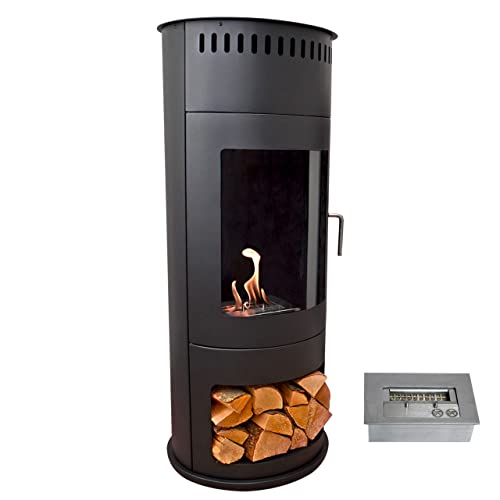 GLOW FIRE Bergen Ethanol Ofen, Bioethanol-Ofen vollverglast, Ethanol Kamin freistehend mit 4h Brenndauer und 2 KW Heizleistung, Kaminofen Schwarz H 112,5cm, D 45cm