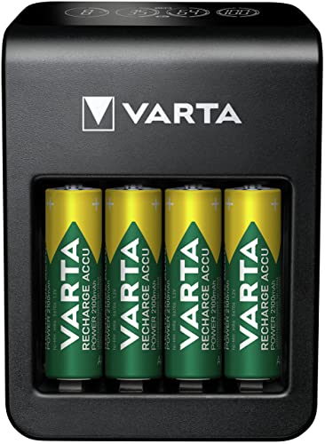 VARTA Akku Ladegerät, inkl. 4X AA 2100mAh, Batterieladegerät für wiederaufladbare AA/AAA/9V und USB Geräte, LCD Plug Charger+, Einzelschachtladung