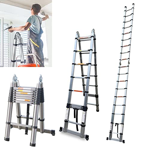 Teleskopleiter 5m Klappbar mit Stabilisator, Rutschfester Klappleiter Sprossenleiter Stehleiter Mehrzweckleiter aus hochwertiges Edelstahl, 150 kg Belastbarkeit (2,5+2,5m)