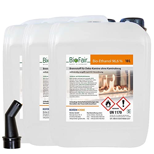 30 Liter (3 x 10L-Kanister) Bioethanol 96,6% im Kanister in geprüfter Premium Qualität für Bioethanol-Kamin, Ethanol Tischkamin, Wandkamin - geruchs- und rückstandslose Verbrennung