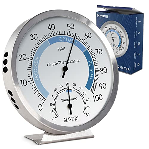 MAVORI® 2in1 Hygro Thermometer - Thermometer & Hygrometer innen analog - Temperatur & Luftfeuchtigkeitsmesser - aus gebürstetem Edelstahl - Zimmerthermometer & Hydrometer für angenehme Raumtemperatur
