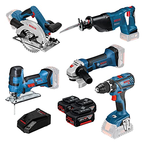 Bosch Professional 18V System Akku Bohrschrauber GSR 18V-28+Stichsäge GST 18V-LI S+Winkelschleifer GWS 18-125V-LI+Kreissäge GKS 18 V-LI+Säbelsäge GSA 18V-LI (+3x4.0 Ah Akku + Ladegerät, in Tasche)