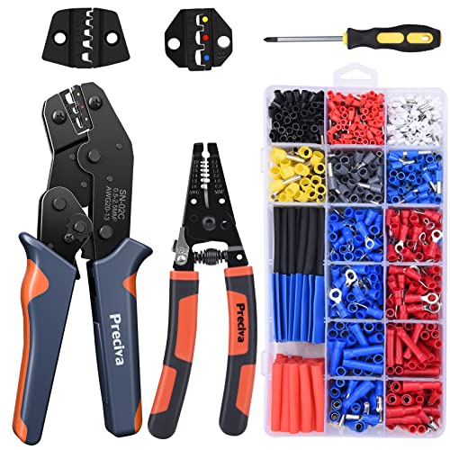 Crimpzange 2-in-1 Kit, Preciva 0.5-6mm² Aderendhülsenzange, 0.5-2.5mm² Kabelschuhzange, mit 980 stück Aderendhülsen, 400 stück Kabelschuhe, 90 stück Schrumpfschlauch inkl. Abisolierzange 0,5-6qmm