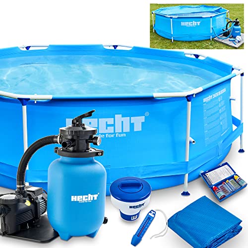 HECHT 11-tlg Swimmingpool Komplettset – Großer 300 x 76 cm Stahlrahmen Pool rund, Sandfilteranlage, Chlorspender, Thermometer, Chlortester, Abdeckplane & Zubehör – XXL Badespaß im eigenen Familienpool