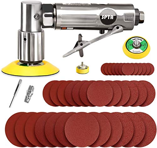 SPTA 80mm Winkelschleifer Mini Druckluft Exzenterschleifer Klett-Schleifteller im Lieferumfang Mit 12tlg 80mm Mix Grit Schleifscheiben Klett-Schleifpapier Klett-Schleifblätter Schleifpapier