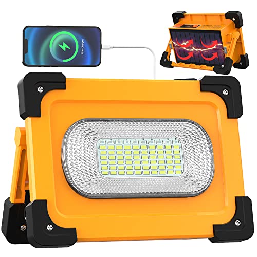 80W LED Baustrahler Akku Solar Arbeitsleuchte Tragbare, 4 Modi 11000mAh LED Campinglampe USB Wiederaufladbare PowerBank, Wasserdichte Outdoor Flutlicht für Garage, Baustelle, Garten, Angeln, Notfall