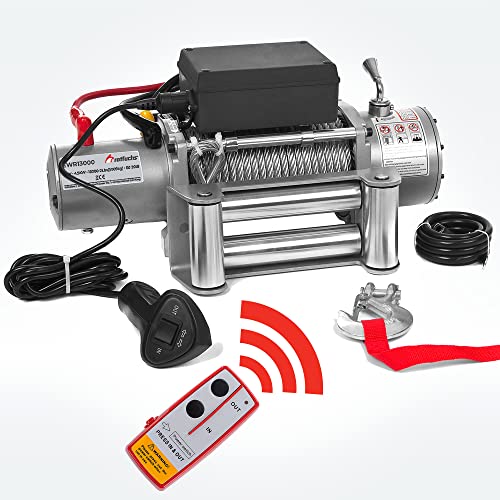 Rotfuchs® Elektrische Seilwinde 13000lbs 5909kg 12V 6PS Offroad 4x4 Motorwinde Seilzug inkl. Funkfernbedienung Silber