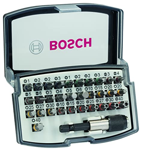 Bosch Accessories 32tlg. Schrauberbit Set Extra Hart (Kreuzschlitz, Pozidriv, Hex, T, TH, S-Bit, Zubehör Bohrschrauber und Schraubendreher) Silber, 1/4-Zoll