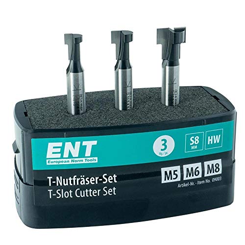 ENT 09003 3-tlg. HW T-Nutfräser-Set optimiert für M5 M6 und M8 Schrauben, HW (HM), Schaft (S) 8 mm - Nuten fräsen für gängige Sechskantschrauben
