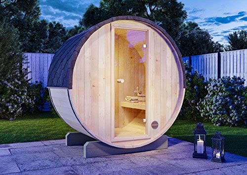 FinnTherm Fass-Sauna Mini XXS, 194 x 130 x 194 cm Gartensauna, Outdoor Sauna mit 42 mm Wandstärke, inkl. Montagematerial, Glastür aus Sicherheitsglas, 2-3 Personen, inkl. Dachschindeln, Außensauna