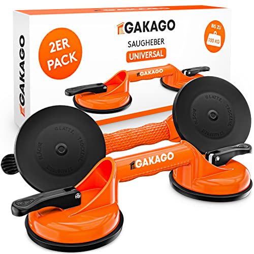 Gakago Saugheber (2er Pack) - Ergonomische & rutschfeste Sauggriffe - 100kg tragfähiger Vakuumheber für den Transport von Fliesen, Laminat, Scheiben und Glas als Glasheber, Glassauger, Glasträger