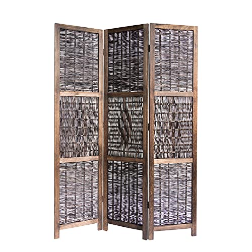 Homestyle4u 1247, Paravent Raumteiler 3 teilig, Holz Weide Geflecht, Braun