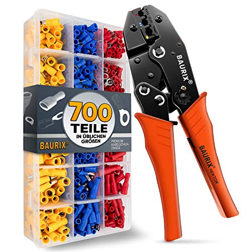 BAURIX® Crimpzange inkl. 700 Stück Kabelschuhe Set I Kabelschuhzange für 0,50 - 6,00 mm² Kabelhülsen I Kabelschuh Zange, Crimpzangen, Krimpzange, Crimp Zange, Presszange