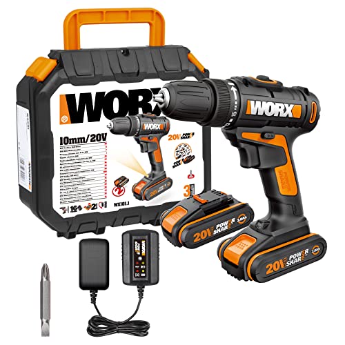 WORX WX101.1 Akku Bohrschrauber 20V – Leistungsstarker Akkuschrauber zum Bohren und Schrauben – zweistufiger Drehzahlbereich & 15+1 Drehmomenteinstellung – inkl. 2x 2Ah PowerShare Akkus & Ladegerät