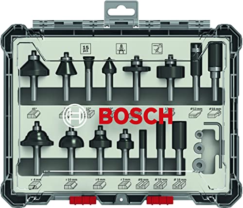 Bosch Accessories 15tlg. Fräser Set (für Holz, Zubehör für Oberfräsen mit 8 mm Schaft)